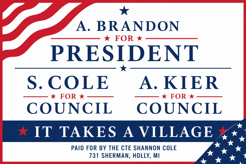 Campaign yard sign: A. Brandon for President, S. Cole and A. Kier for Council — It Takes A Village